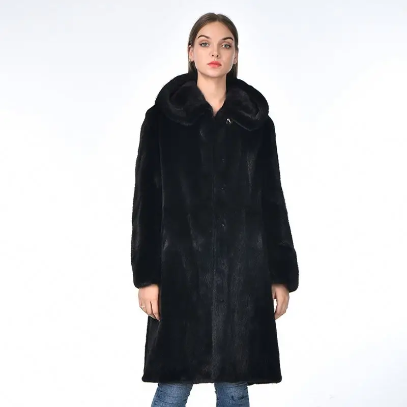 Customize Plus Size Casual Windproof Cheap Elegant Warm Black Long Mink Fur Coat With Hat