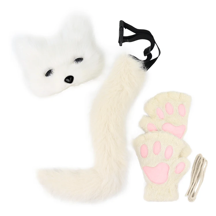 Hot Sale party decoration Lovely Fox Halloween Tail Cosplay Gloves Cat Wolf Fox Tail Faux Fur Mask Paw Gloves Set