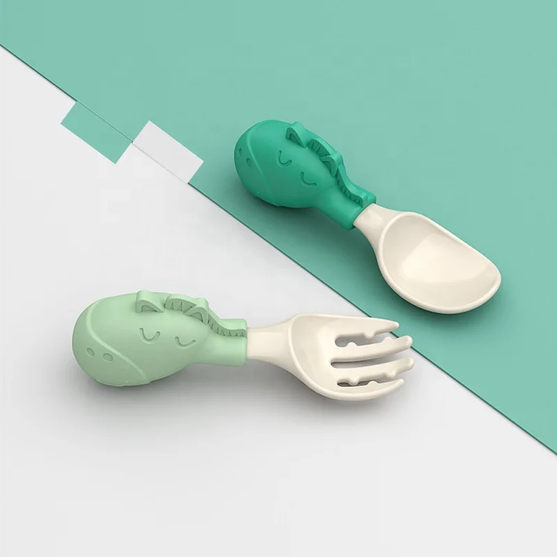 Ready to ship in stock baby feeding spoon sets kids training eating tools food grade silicone easy to carry Fork Spoon