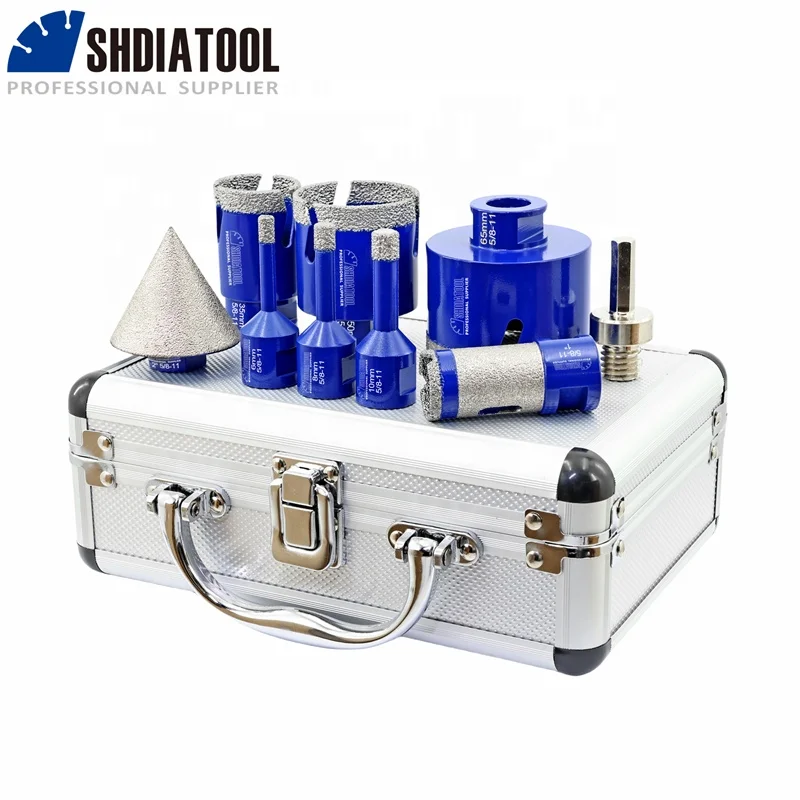 1set/9pcs 5/8'-11 Thread Diamond Drill Bits with Box 6+8+10+35+50+65mm+25mm Finger Milling Bit+50mm Chamfer Bit+HEX Adapter