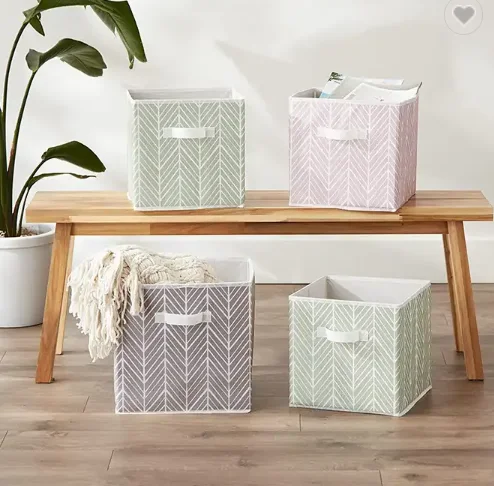 Polyester Bins Large 2 Pack Herringbone Bin Foldable Cube Storage Clothes Organizer Boxes with rope