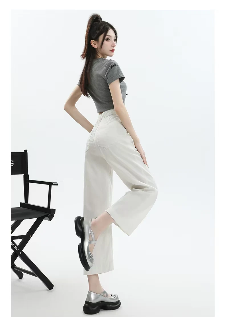 whole denim women new style  summer new thin  loose straight ice silk high waist show thin white pants