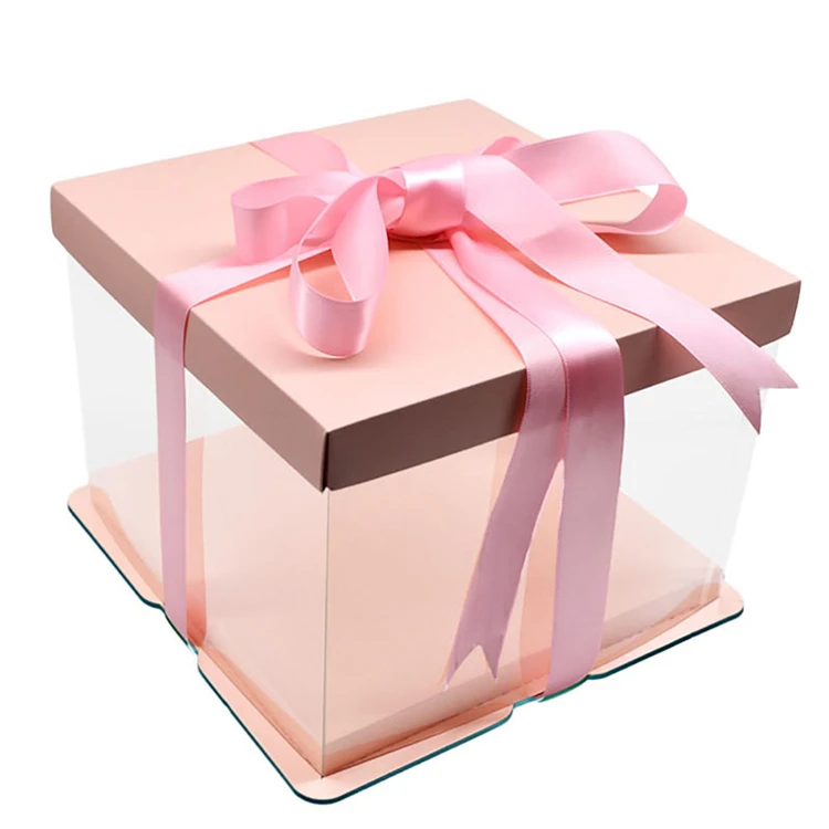 Wholesale 10 Inch Luxury Custom Pink Square Transparent Cake Box PVC PET Birthday Party Plastic Cake Box With Lid