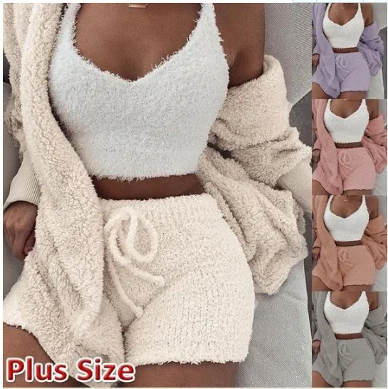 
Ecoparty Fashion Women Winter Sleepwear Pajama Sets Solid Plush Hooded Vest+Robe + Shorts Sleepwear 3PCS 