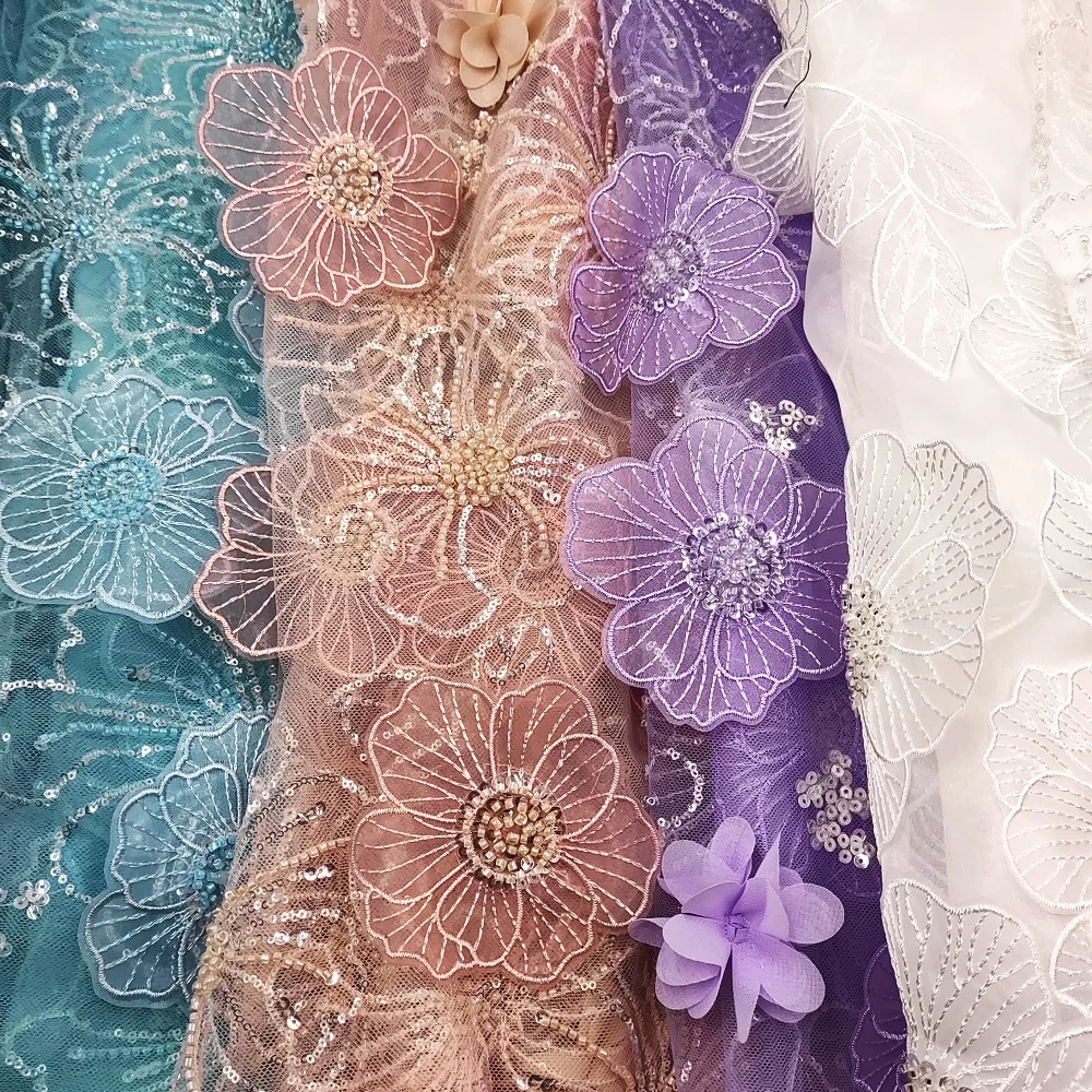 American fashion organza kids dresses 3d flower embroidered rose fabric kids dress fabric material beaded swiss lace