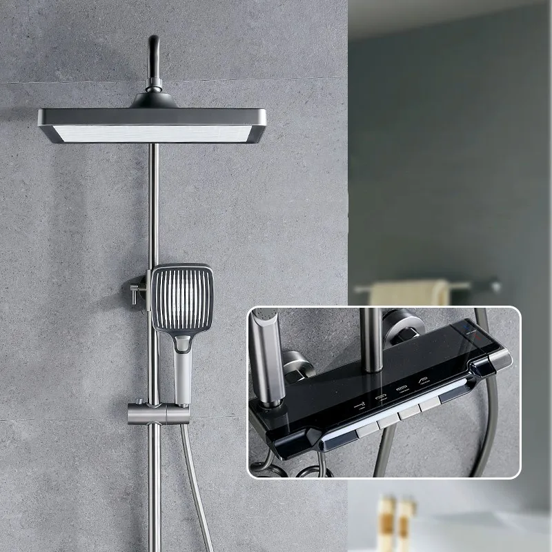Duchas Modern Digital Cold And Hot Water Brass Luxury Rain Mixer Black System Thermostatic Piano Key Bathroom Smart Shower Set