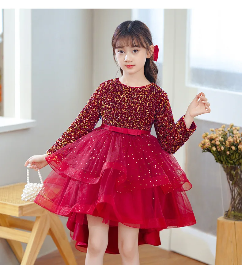 Girls Dress 2022 Winter Christmas Long Sleeve Sequins Trailing Dress Girls Princess Mesh Party Dress
