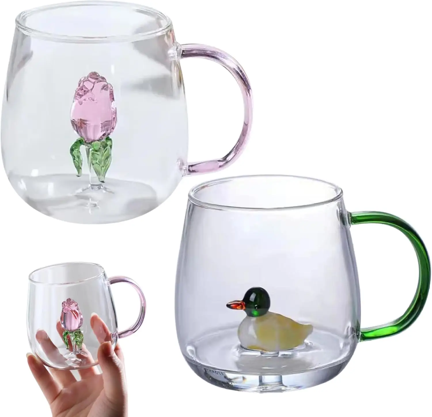 Creative Borosilicate Glass Water Cups With 3D Rose Flower Drinking Glass Mugs Cute Ice Coffee Cup Juice Drinkware With Handle
