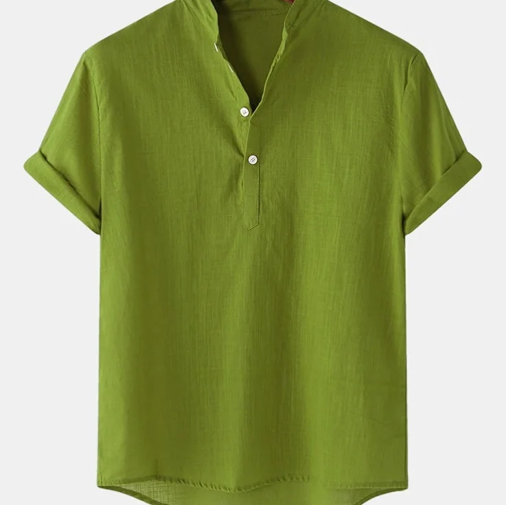 Men Summer Shirt Short Sleeve Cotton Linen Shirt Regular Fit V Neck Button Down Vintage Clothes Top Solid Color T Shirts