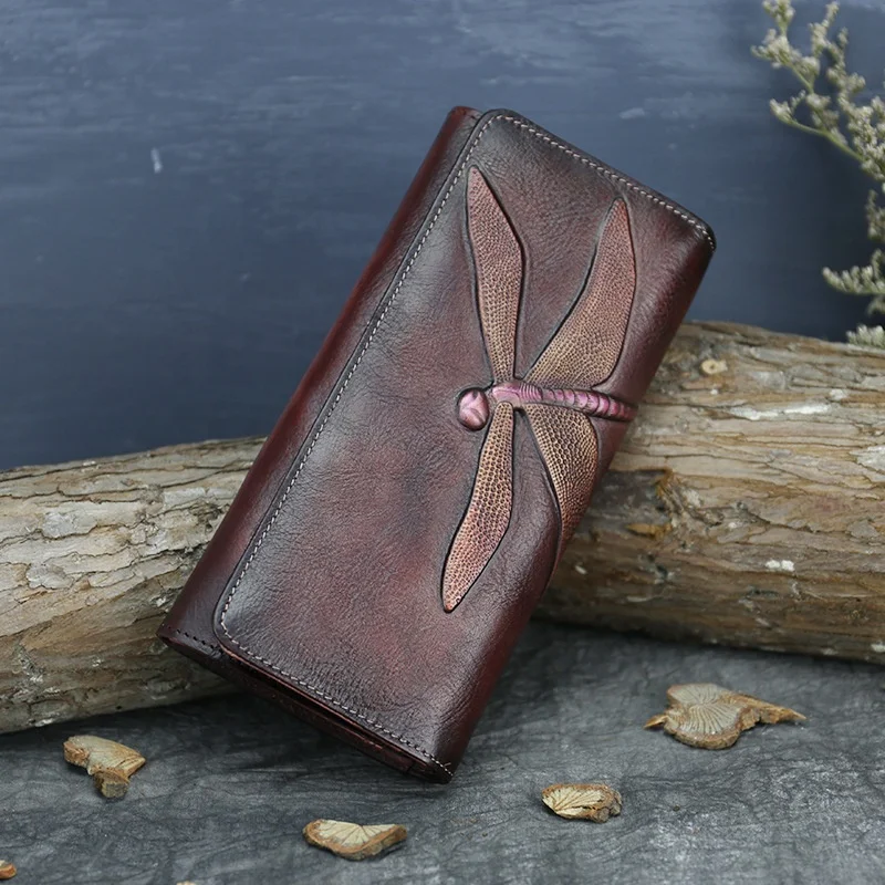
2021 New Arrivals Manual Retro Long Woman Wallets Bifold Wallet Leather Genuine Cow Leather Female Purse Ethnic Style Clutch Bag 