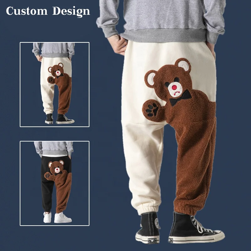 2023  New Arrivals Street Fashion Hip Hop Male Bear Embroidered Patchwork Cargo Custom Track Pant Embroidery Mens Pants