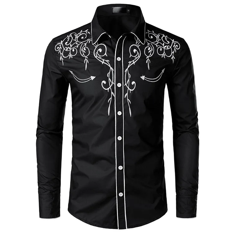 Men Stylish Western Cowboy Shirt Long Sleeve Slim Fit Embroidered Shirts