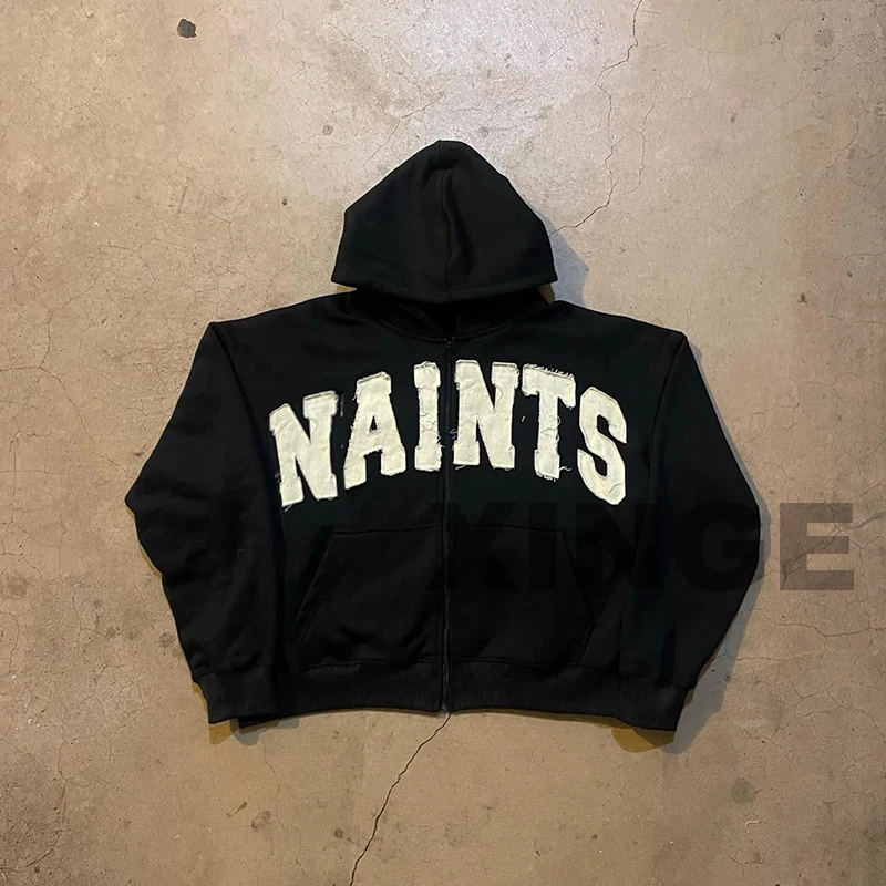 Custom Oversized Hoodies Unisex High Quality 400gsm Patchwork Embroidery Hoodie Custom Acid Wash Distressed Zip Up Hoodie