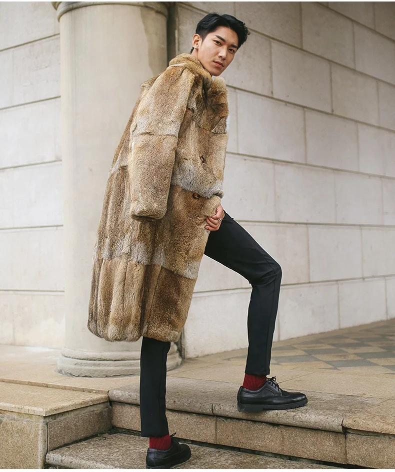YR1226 Fashion Design Winter Mens Animal Rabbit Fur Long Coat Overcoat