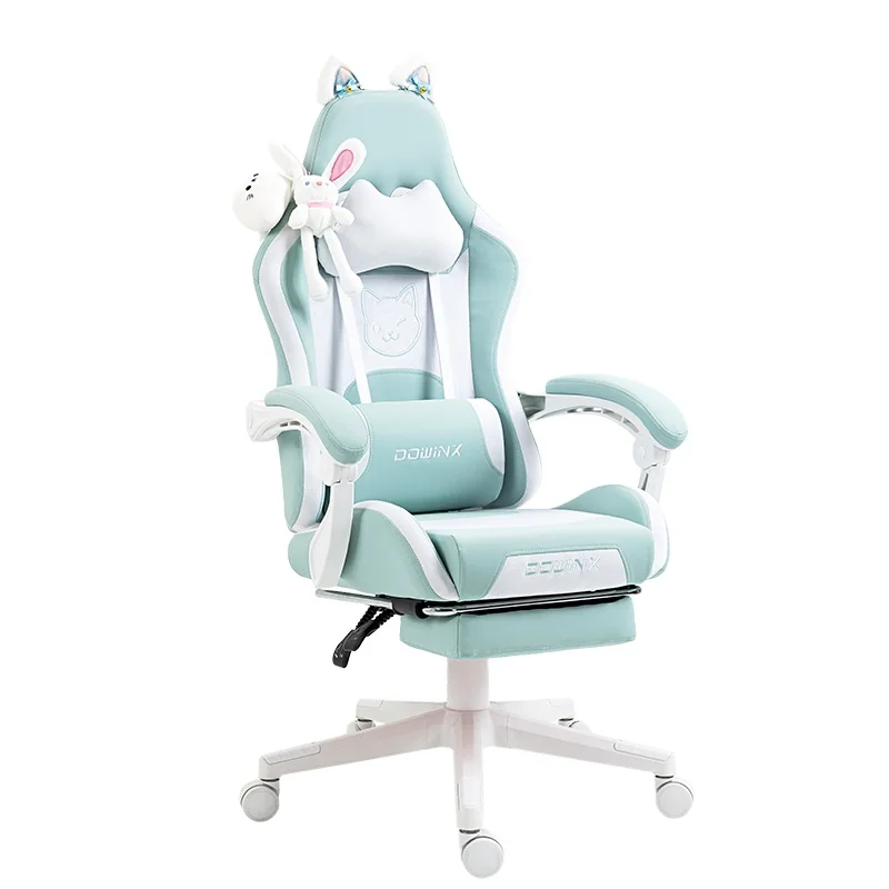 Cat Ears Gaming Chair Kids Cute Ergonomic Computer Chair Girl Pc Game Racing Gamer Chair with Footrest Sky Blue
