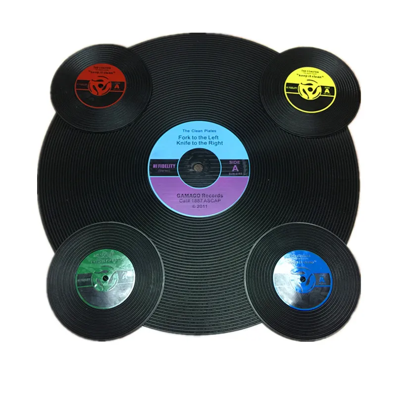 6-Piece set of vintage PVC coasters for beverage protection desktop silicone slip ring vinyl recording color round disc Coasters