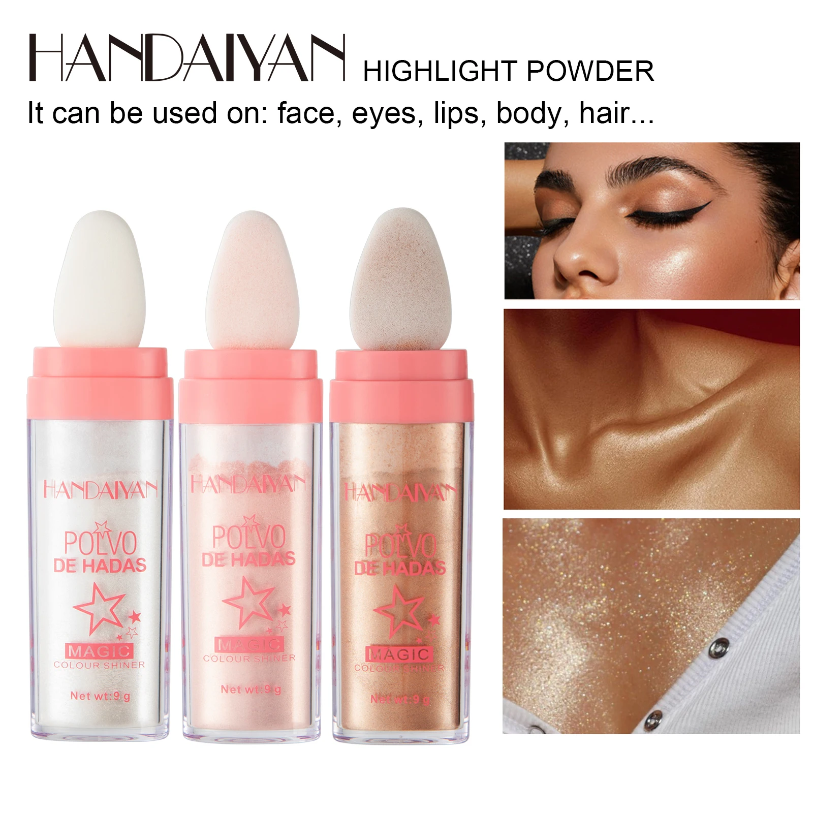 HANDAIYAN Shimmer Glitter 3 Colors Pat Powder Highlighter Face Makeup Cosmetics Polvo De Hadas Vegan