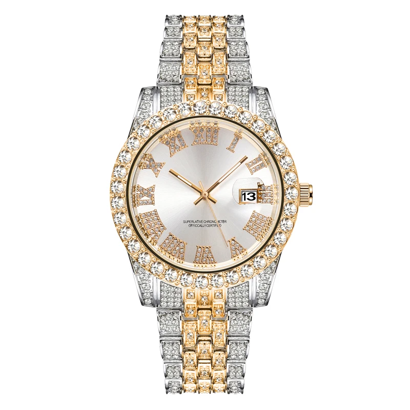 OEM Logo Hip-hop Roman Numeral Stylish Diamonds Luxury Large Dial Quartz Watch For Men