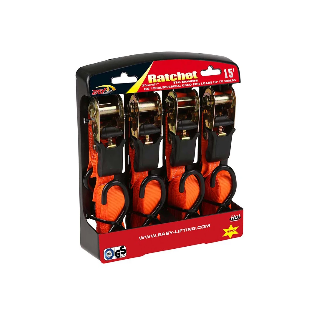 Logo printing cheap 1500 lb ratchet tie down strap kit 4 belt cargo lashing strap set for truck car transportation