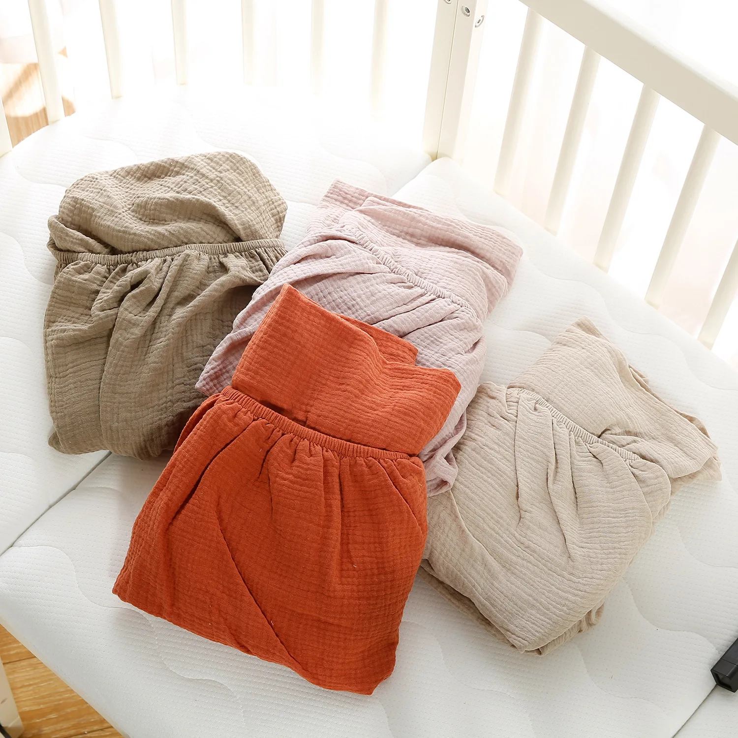 New Arrival Plain Color 100% Cotton Double Layer Baby Fitted Cot Sheet Muslin Crib Sheet Covers