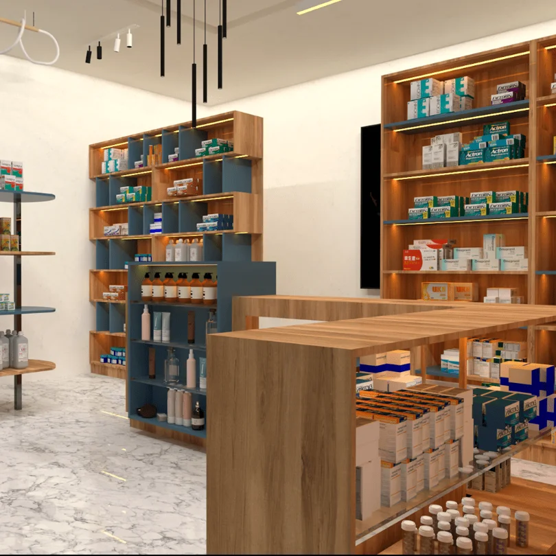 Medical Store Pharmacy Shop Retro Custom Design Wooden Standing Pharmacy Display Shelves Showcase