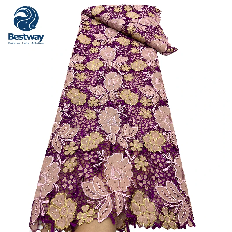 Bestway Yellow Guipure Cord Lace Fabric African Wedding Bridal Dress With Stones