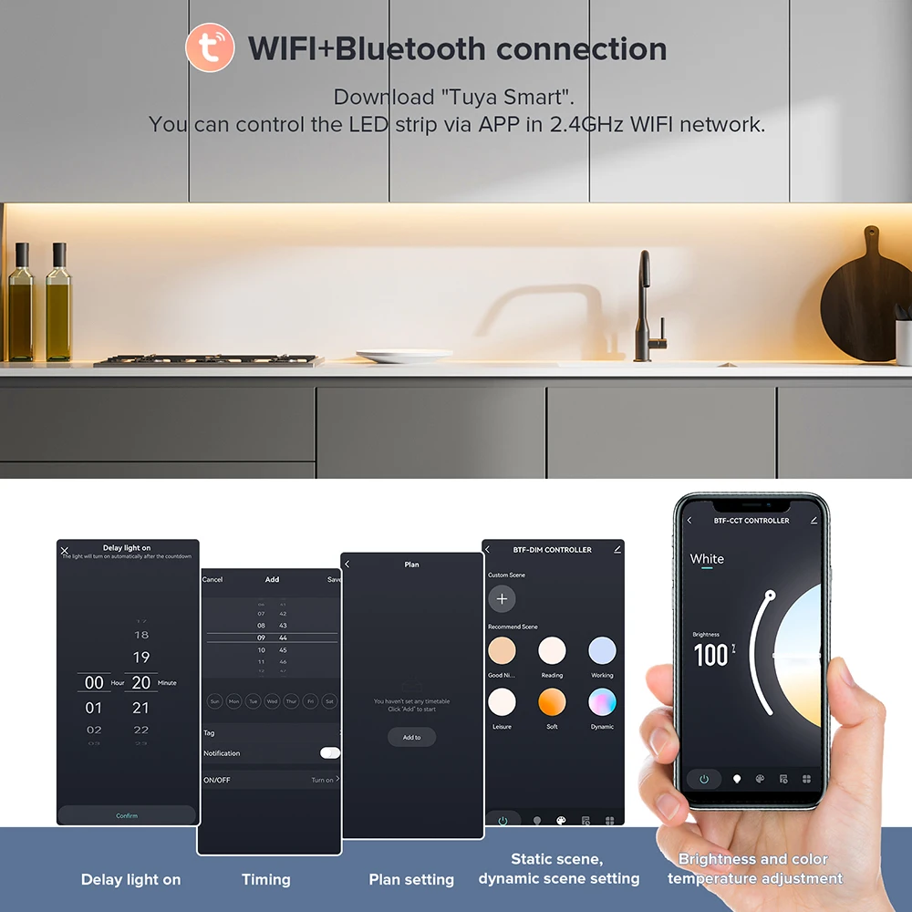 BTF FCOB CCT Led Lights Kit 640 LEDs Tuya Voice Wifi Blue tooth APP Dimmable Tunable White High Density FOB COB Led Light Strip