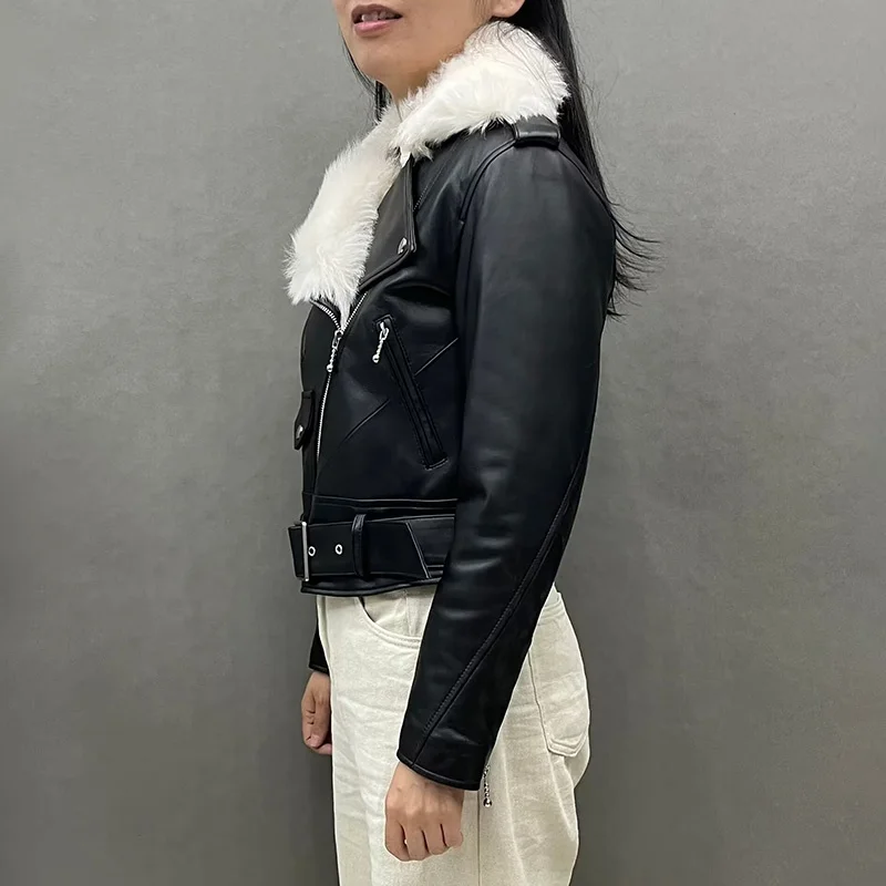 Winter Warm Tuscany Wool Collar Leather Coat Women Genuine Sheepskin Leather Jackets with Fur