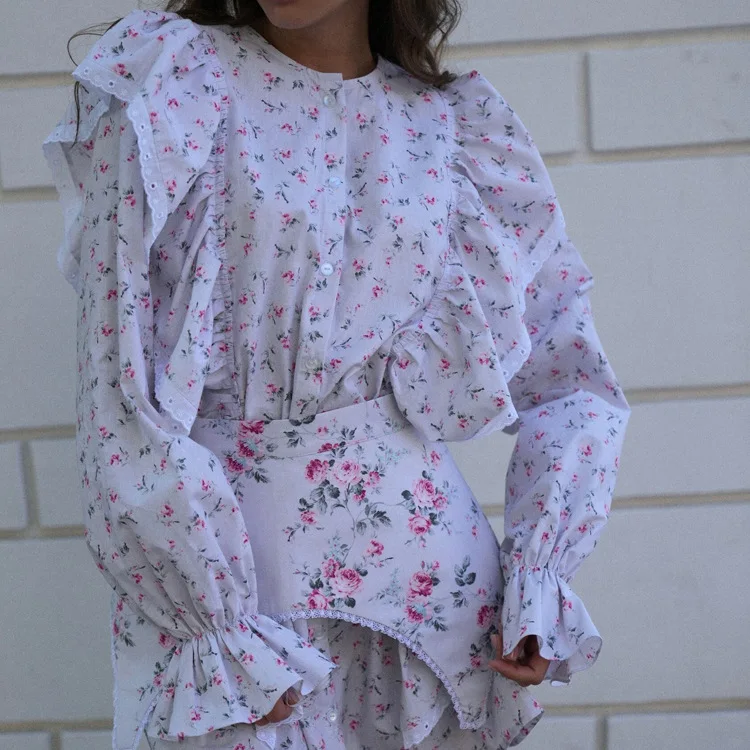 2024 Designs Button Up Lace Trim Ruffle Long Sleeve Short Summer Dresses Beautiful Floral Corset Shirt Dress For Young Ladies