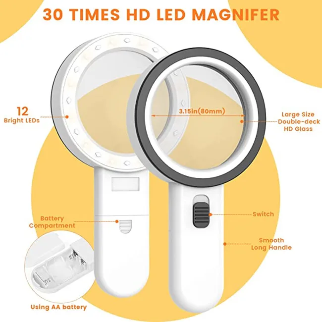 30X Handheld Large Magnifying Glass 12 LED Illuminated Lighted Magnifier for Elderly