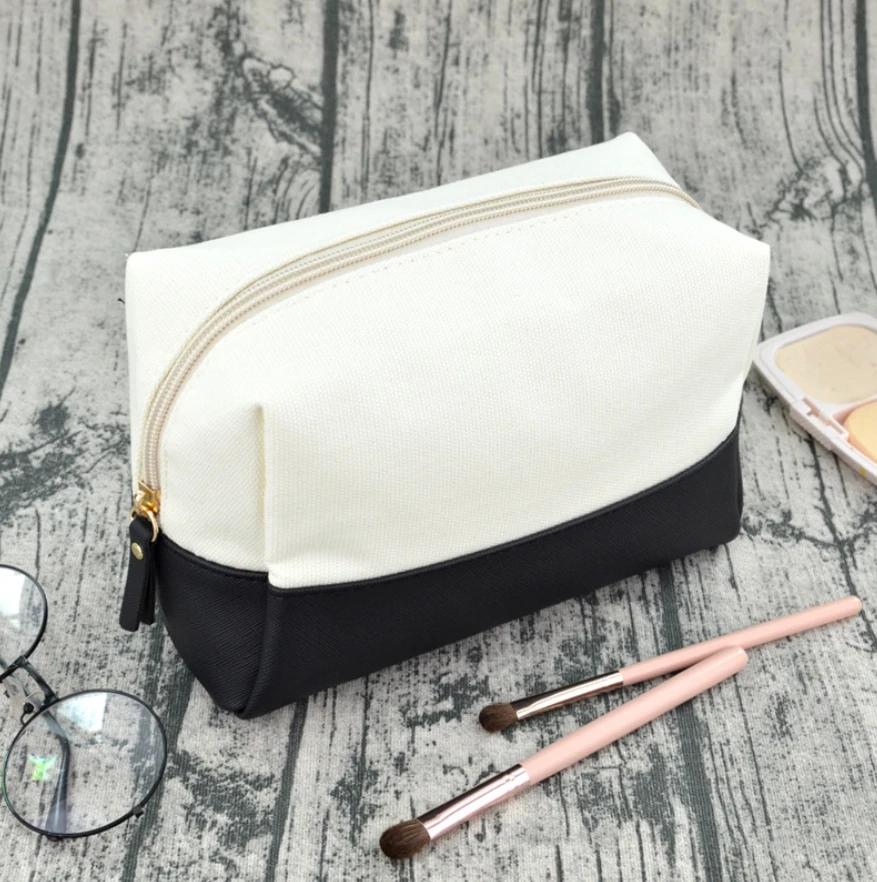 2024 New Custom Logo Personalized Two Tone Make Up Bag Cotton Canvas Patchwork Cosmetic Bag Travel Zipper Large Capacity Wash Ba