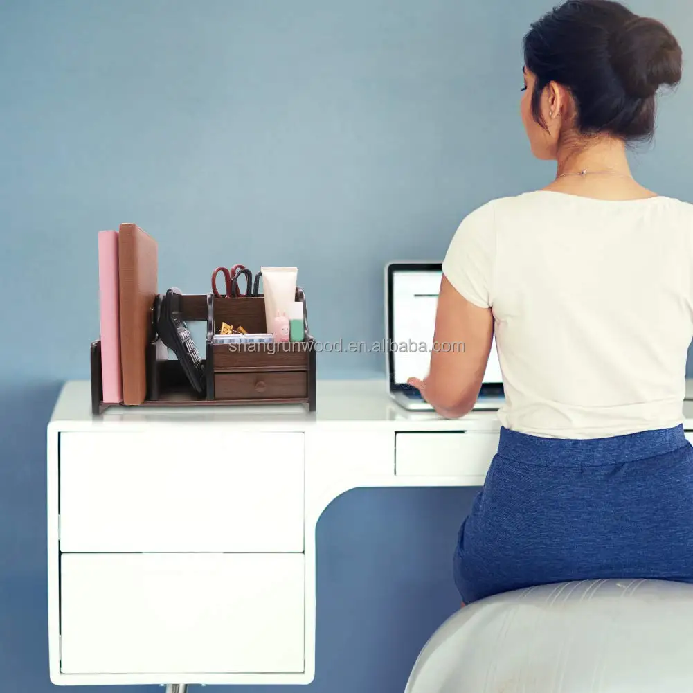 Wooden Desktop Organizer With Drawers Multi-Function Wooden Table Organizer For Home Office Makeup Box