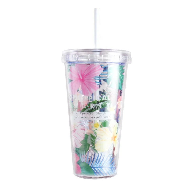 
Girlwill Flower Reusable Double Wall Plastic Cups With Lids And Straw Bottle Tumbler Wholesale Custom Logo Drink Coffee Mugs 