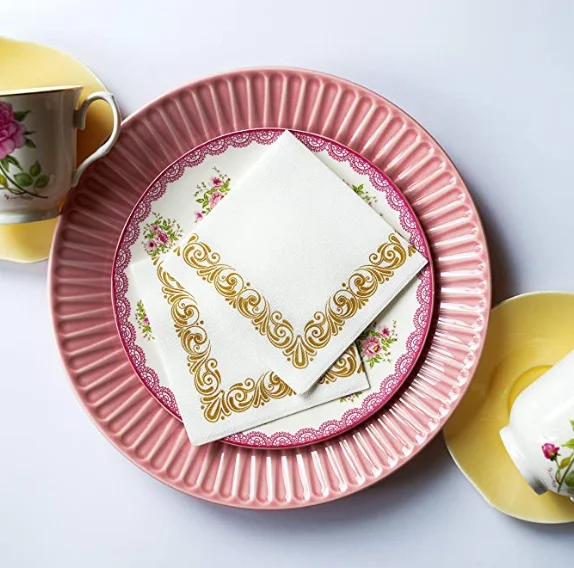 White & Gold Floral airlaid beverage napkins--Disposable Linenlike Fancy Flowered Paper Napkins For Bathroom