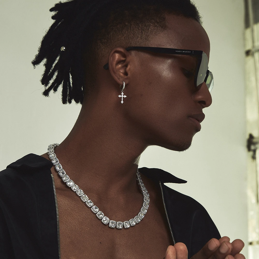 Hip Hop Fashion Brass Zircon Cross Earrings Boys Popular Silver Plated Earrings Jewelry Accessory