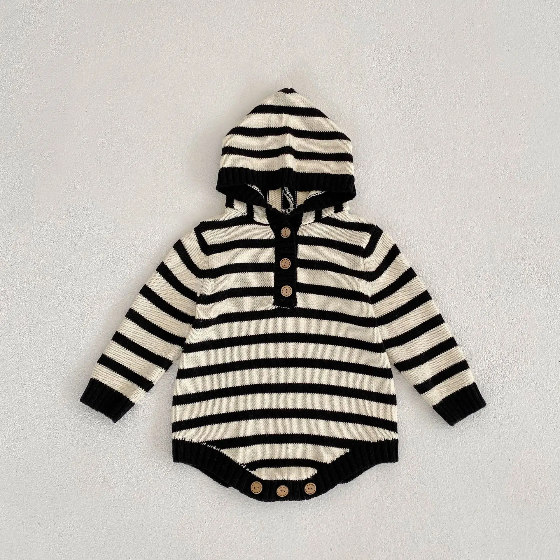 Instagram Spring Clothing Baby Boys Girls Babies Striped Hooded Cotton Jumpsuit Buttocks Jumpsuit Climbing Suit