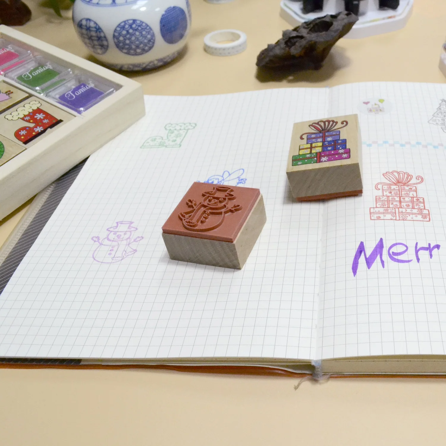 2024 new design toys for christmas Wooden Rubber Stamp kids christmas stamp toys