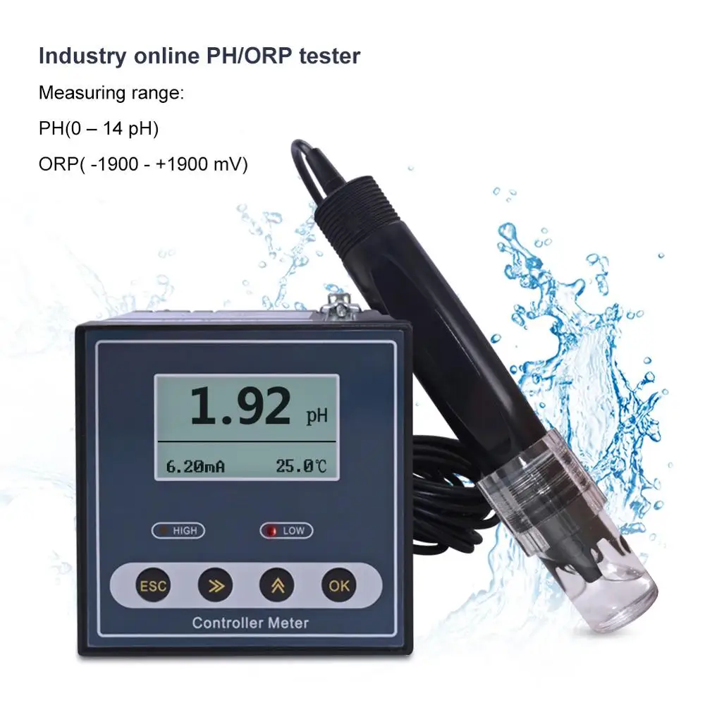 Online Industrial PH Controller ORP Meter Monitor Digital 0.02pH 1mV Upper Lower Limit Control Alarm pH Tester