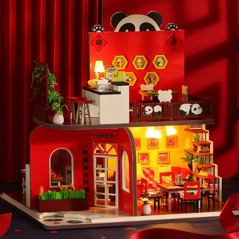 2020 New Year Gift Chinese Panda DIY Dollhouse Miniature with Chair and Desk