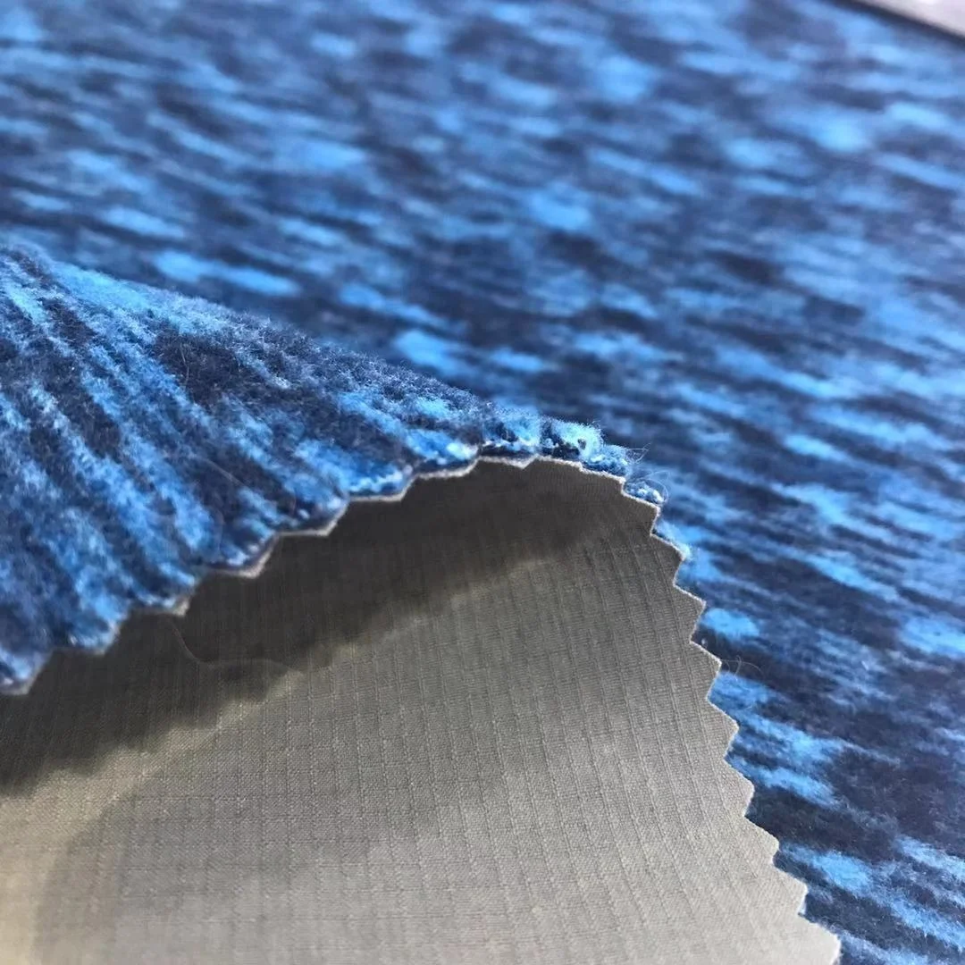 Wholesale 70D 350GSM Printed Ripstop nylon fabric spandex 4 way stretch bonded with yarn dyed polar fleece for softshell jacket