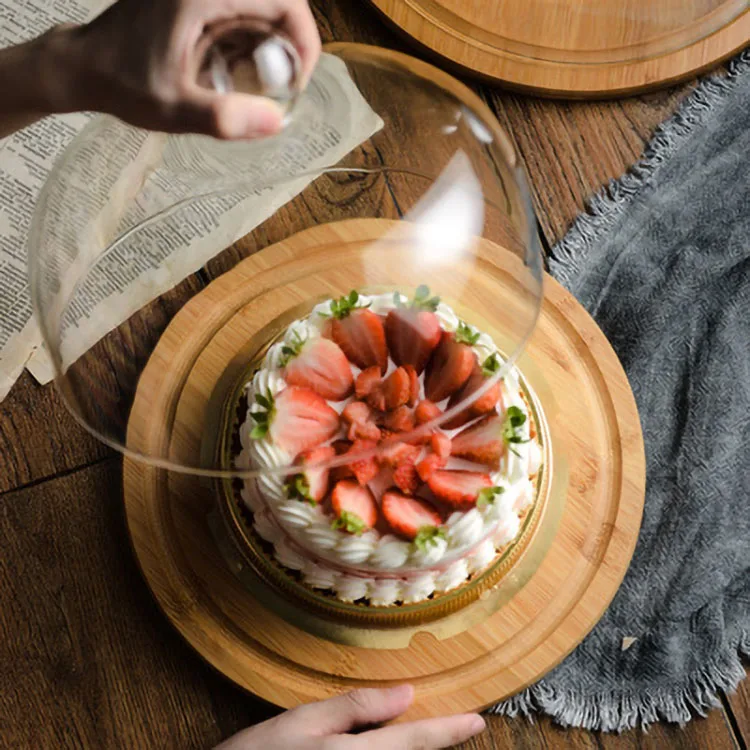 High quality bamboo cup cake display tray clear glass dome cake stand set for dessert table