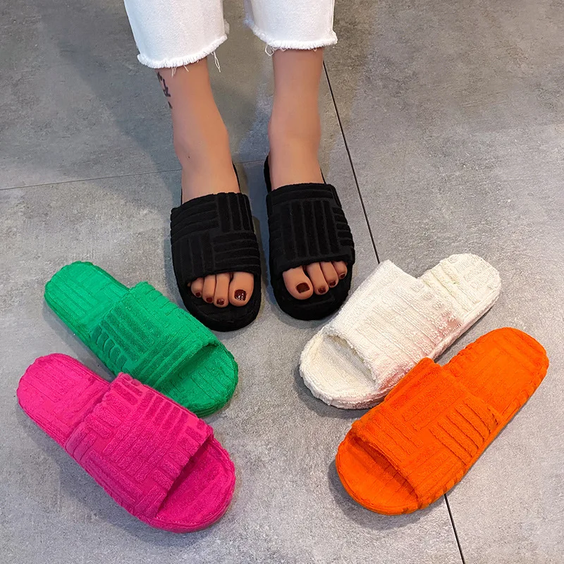 2022 orange slippers large size thick bottom warm wool slippers women autumn and winter embossed towel cotton slippers