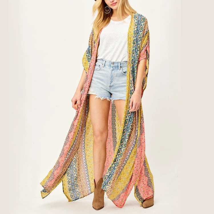 wholesale beach swimwear 3/4 sleeve kimono paisley maxi kimono