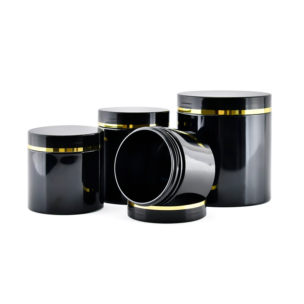 Cosmetic Packaging 100ml 150ml 200ml 250ml 300ml 500ml Black Pet Plastic Cosmetic Cream Jar with Black Lid Gold Edge