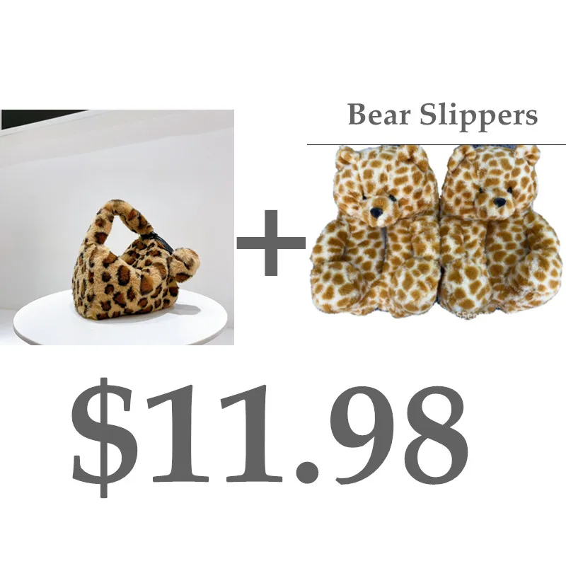 2021 Winter Warm Ins Trendy Designer Plush bag Free Bear Slippers Luxury Soft Faux Fur Women Hand bag Set