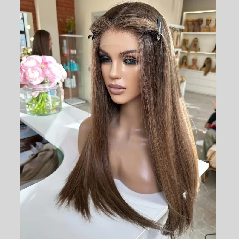 Deals Brown Balayage Straight Human Hair Wigs Unprocessed European Cuticle Aligned Hair Highlight Brown Lace Front Wigs