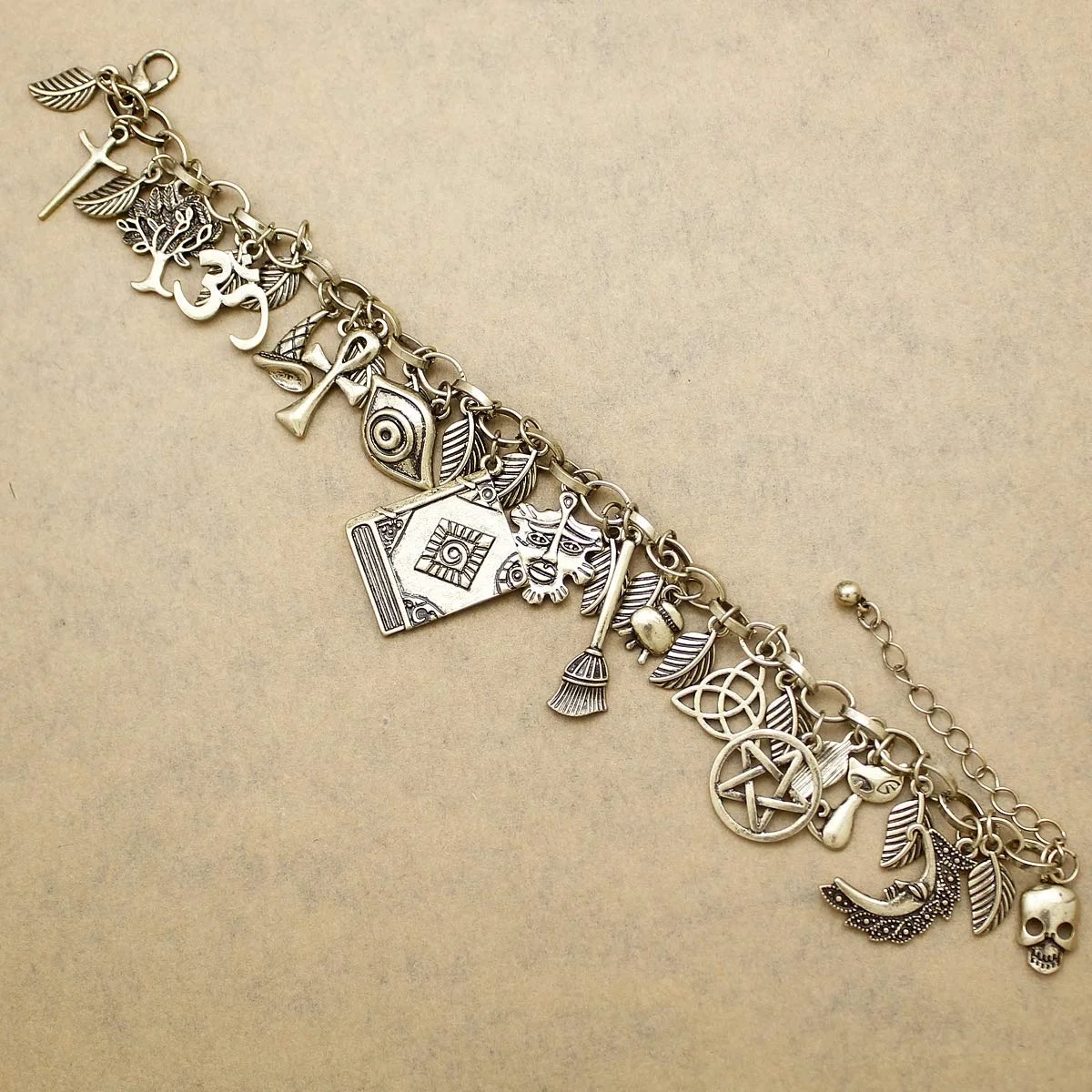 Vintage Multi Charms Cuff Bangle Bracelet Mythology Fairytale Lucky Cross Leaf Moon Face Celtic Cat Book