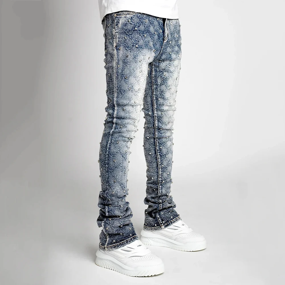 Topshow High Quality Silm Fit Blue Embellished Denim Jeans Full Over All Rhinestones Straight Loose Stacked Jeans