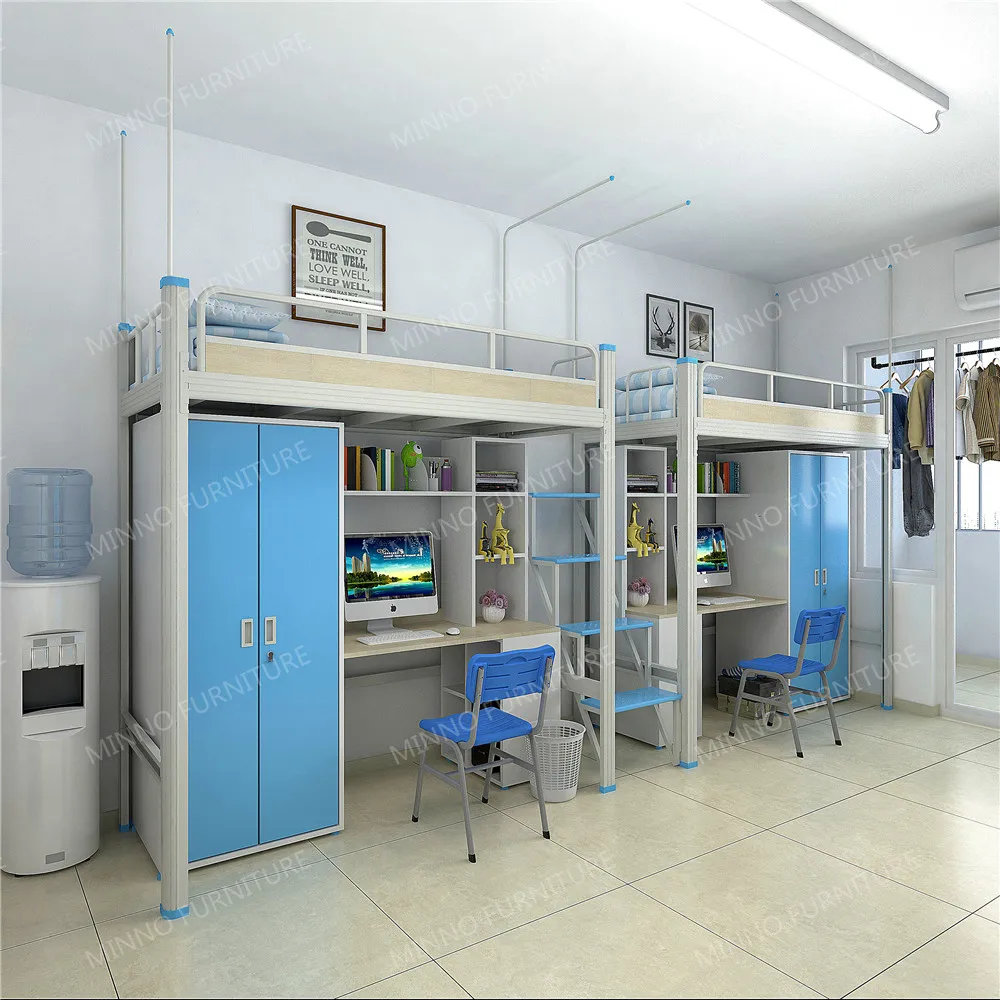 Modern Dormitory Metal Double Bunk Bed with Desk and Wardrobe
