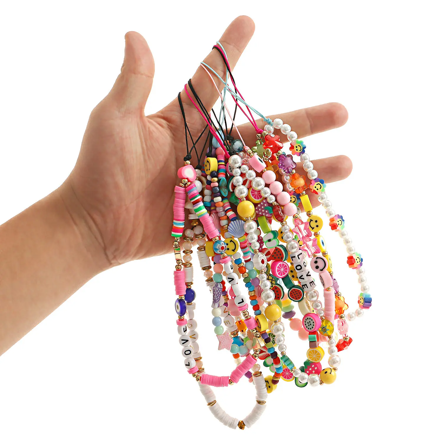 Zuowen 2021 popular HANDMADE Colorful Cute Smiley Face Fruit Pearl Clay Beads Phone Charm Strap Lanyard Wrist Strap Phone Chain